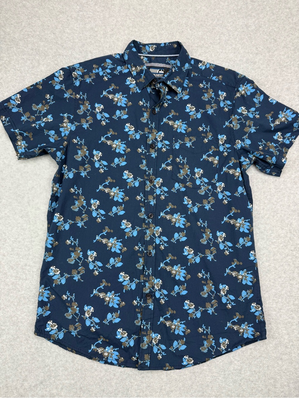 Monument Men’s Medium Navy Blue Floral Short Sleeve Button-Up Shirt 100% Cotton